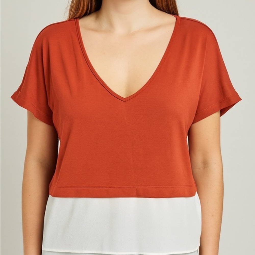 ZARA Women’s Colorblock V-Neck Top Size M Rust Orange White